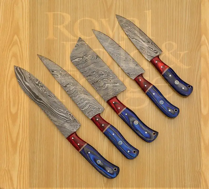 Detailed view 3 of Hand-forged Damascus steel 5Piece Damascus Steel Chef Tool Set with Red & Blue Resin Handles and Premium Leather Roll