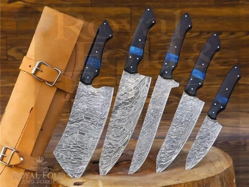 6 Piece Hand_Forged Damascus Steel Kitchen Knife Set with Resin Wood Handles & Leather Roll Cover