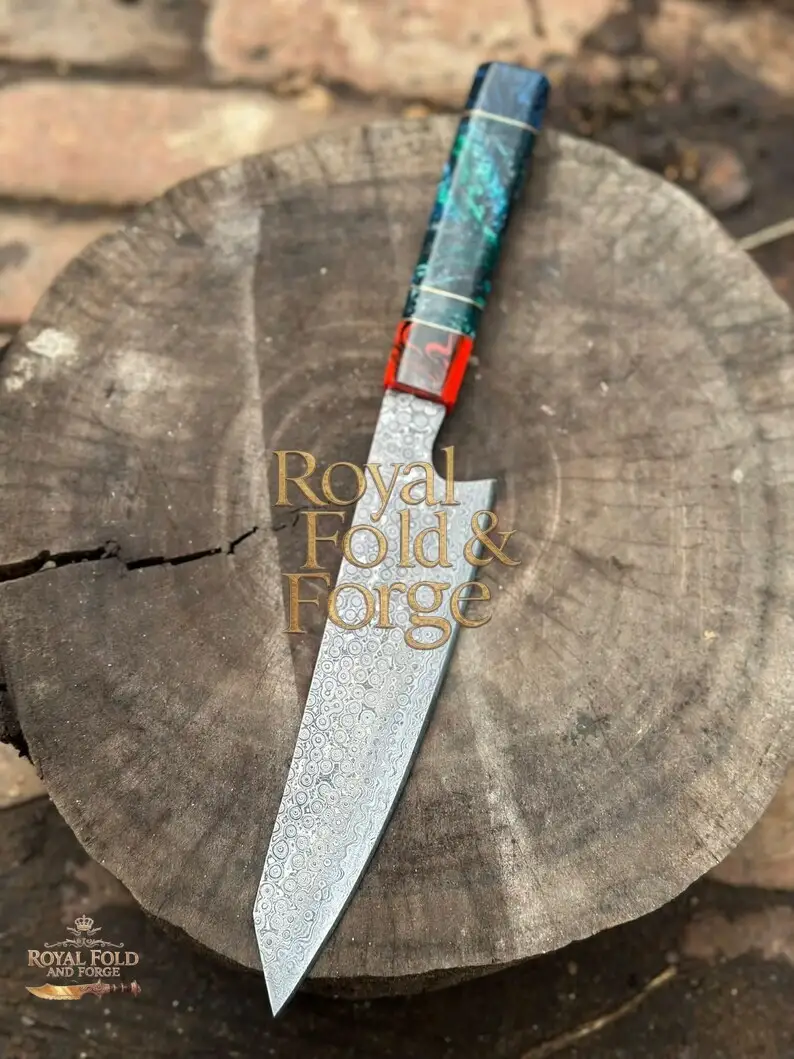 Damascus Kitchen Knife with Multicolor Resin Handle and Red Accents