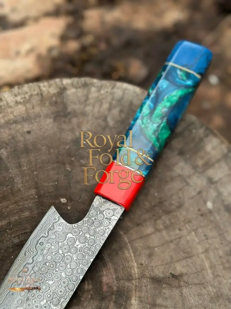 Detailed view 1 of Hand-forged Damascus steel Damascus Kitchen Utensil with Multicolor Resin Handle and Red Accents