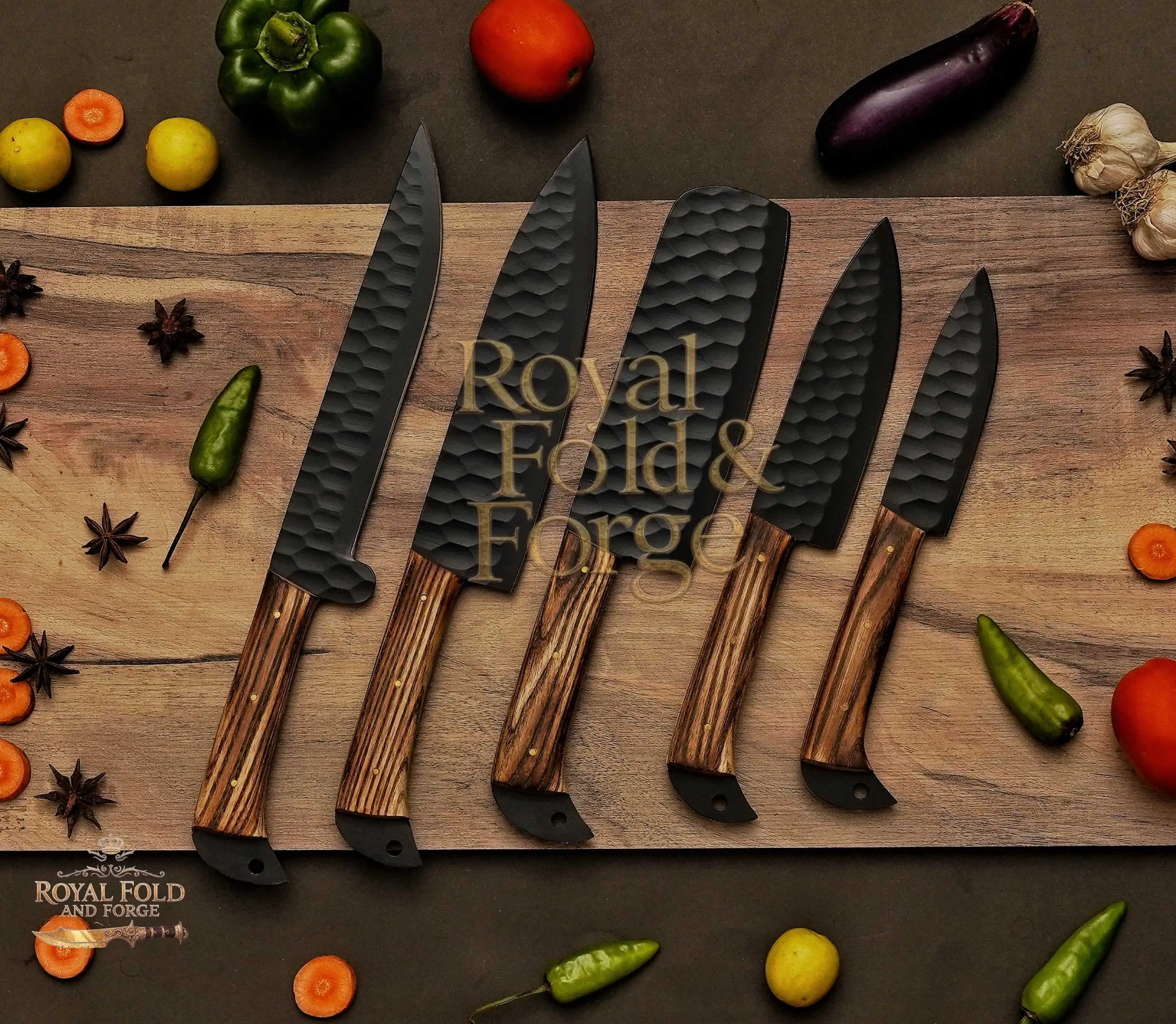 5-Piece Hammered Black Chef Knife Set with Brown Wood Grain Handles