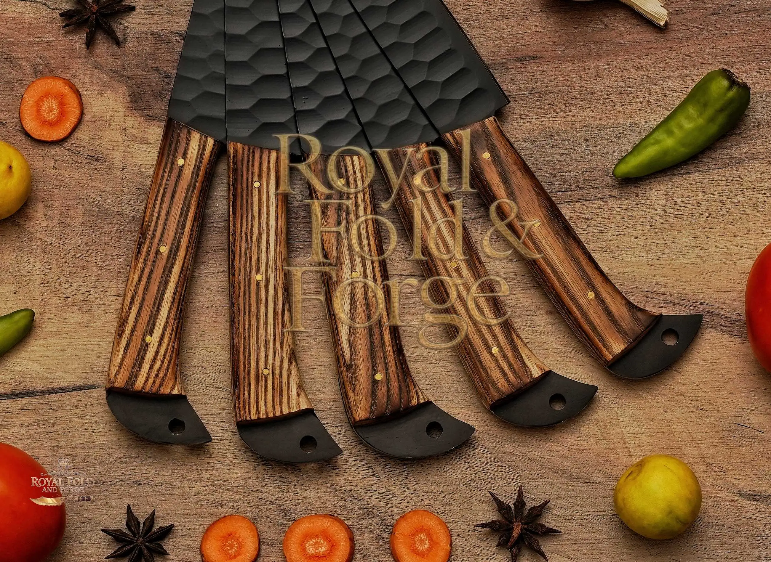 Detailed view 5 of Hand-forged Damascus steel 5-Piece Hammered Black Chef Tool Set with Brown Wood Grain Handles