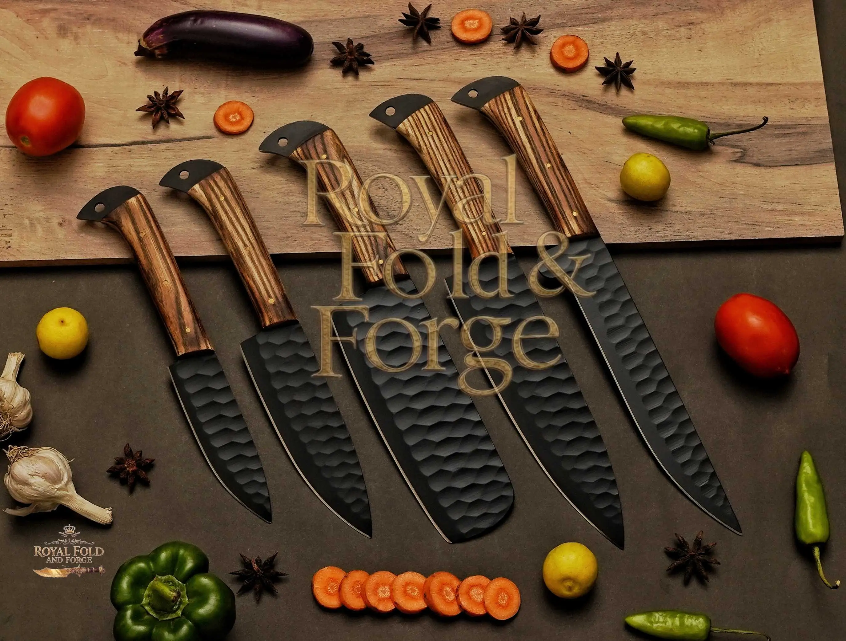 Detailed view 6 of Hand-forged Damascus steel 5-Piece Hammered Black Chef Tool Set with Brown Wood Grain Handles