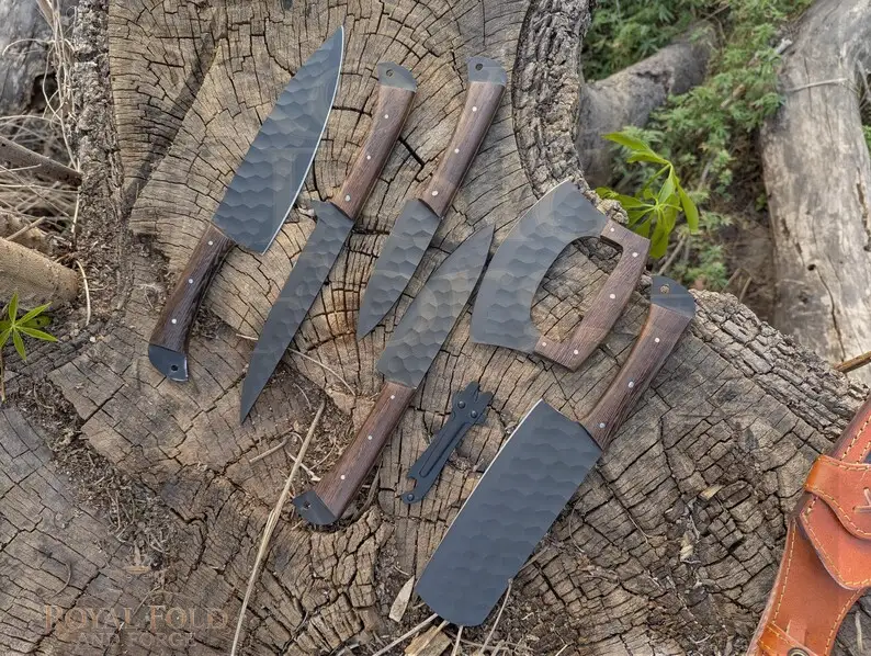 Hand-Forged 8-Piece Black Steel Kitchen Knife Set with Leather Cover – Rustic Chef Collection