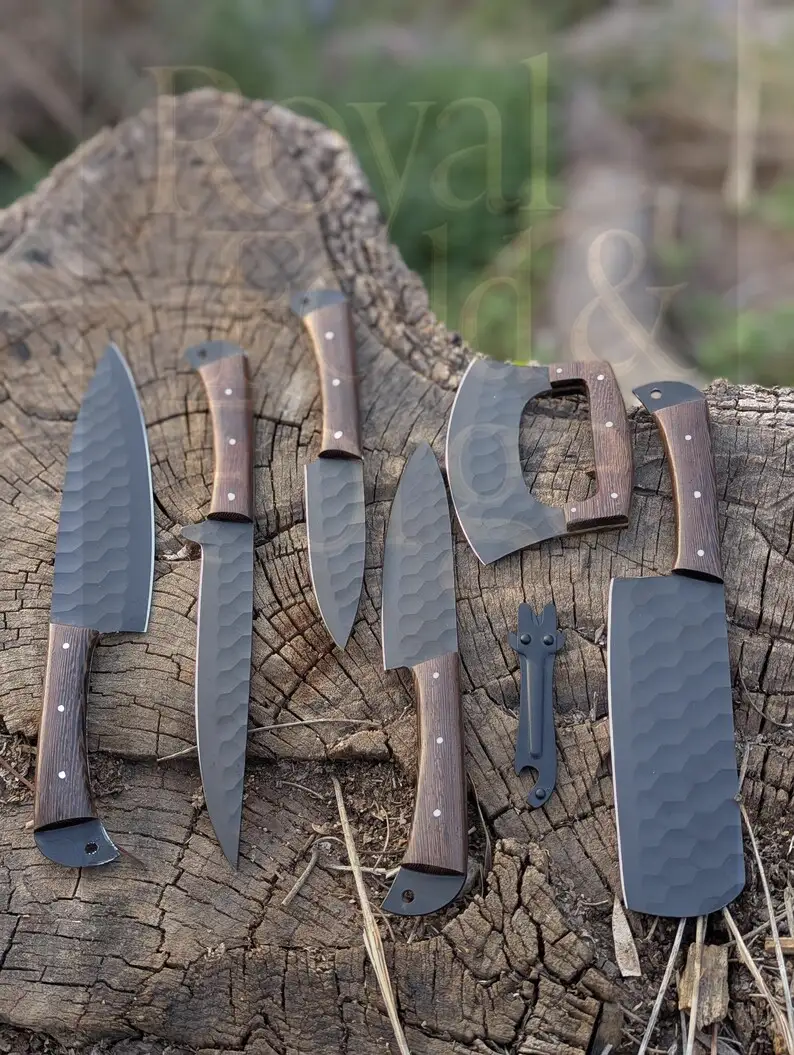 Detailed view 1 of Hand-forged Damascus steel Hand-Forged 8-Piece Black Steel Kitchen Utensil Set with Leather Cover – Rustic Chef Collection