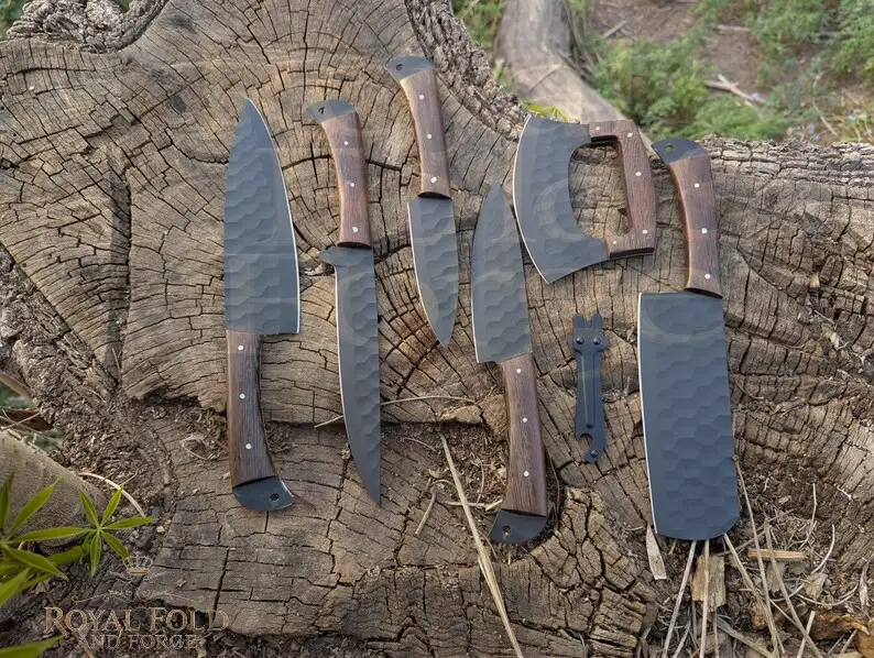 Detailed view 3 of Hand-forged Damascus steel Hand-Forged 8-Piece Black Steel Kitchen Utensil Set with Leather Cover – Rustic Chef Collection