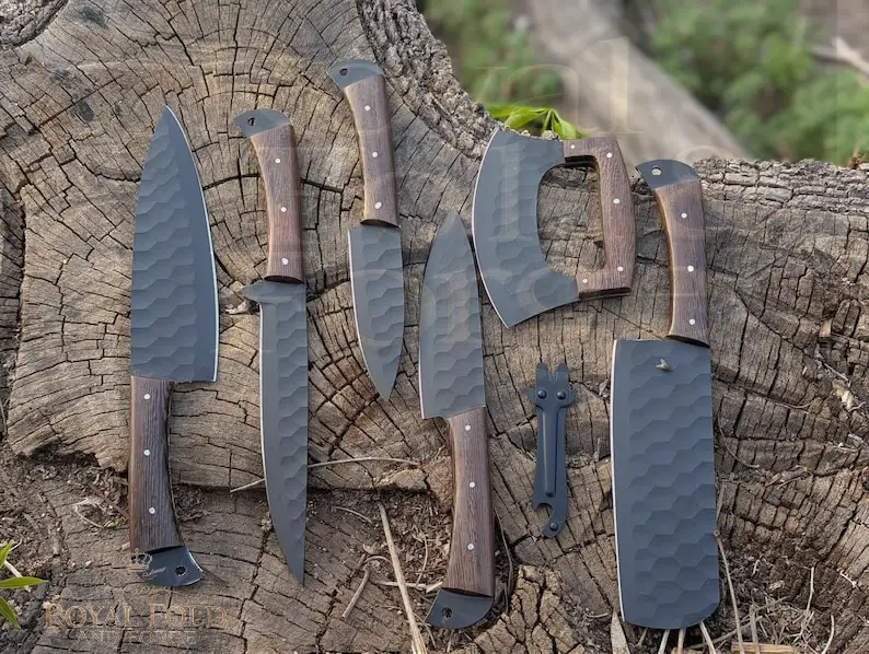 Detailed view 4 of Hand-forged Damascus steel Hand-Forged 8-Piece Black Steel Kitchen Utensil Set with Leather Cover – Rustic Chef Collection