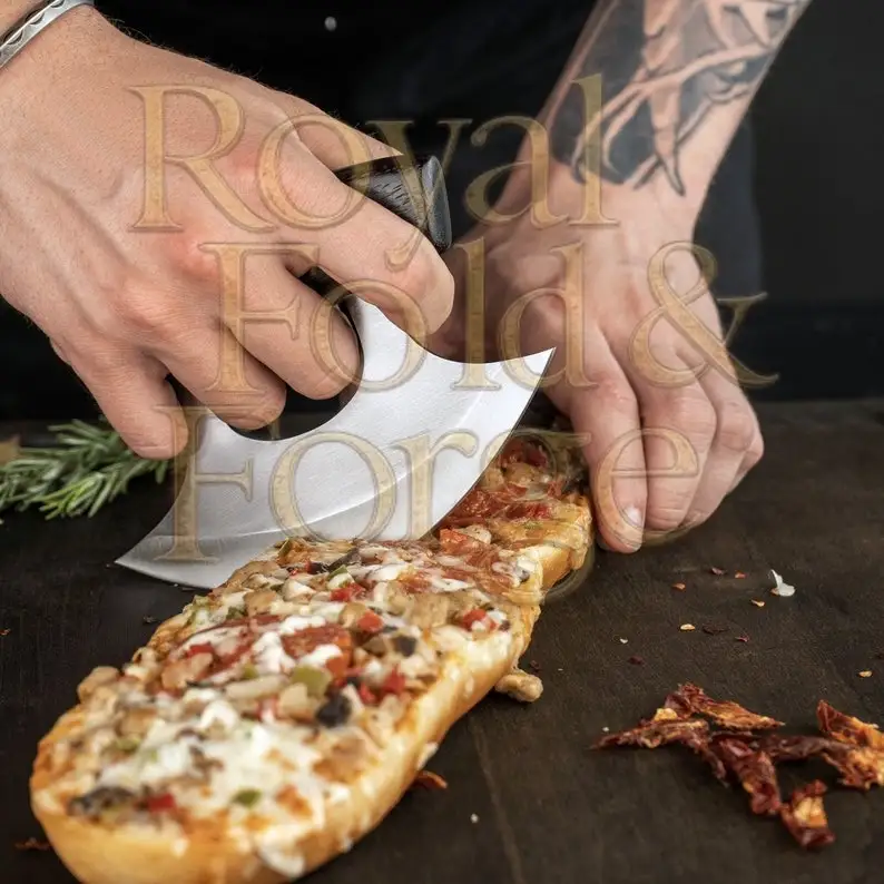 Handcrafted Ulu Style Pizza Cutter with Wooden Handle and Leather Sheath 