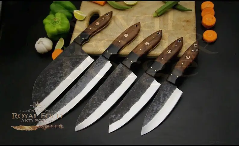 6-Piece Forged Carbon Steel Kitchen Knife Set with Natural Wood Handles – Rustic Culinary Collection