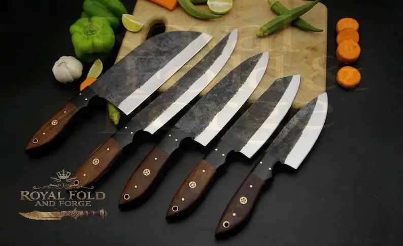Detailed view 6 of Hand-forged Damascus steel 6-Piece Forged Carbon Steel Kitchen Utensil Set with Natural Wood Handles – Rustic Culinary Collection