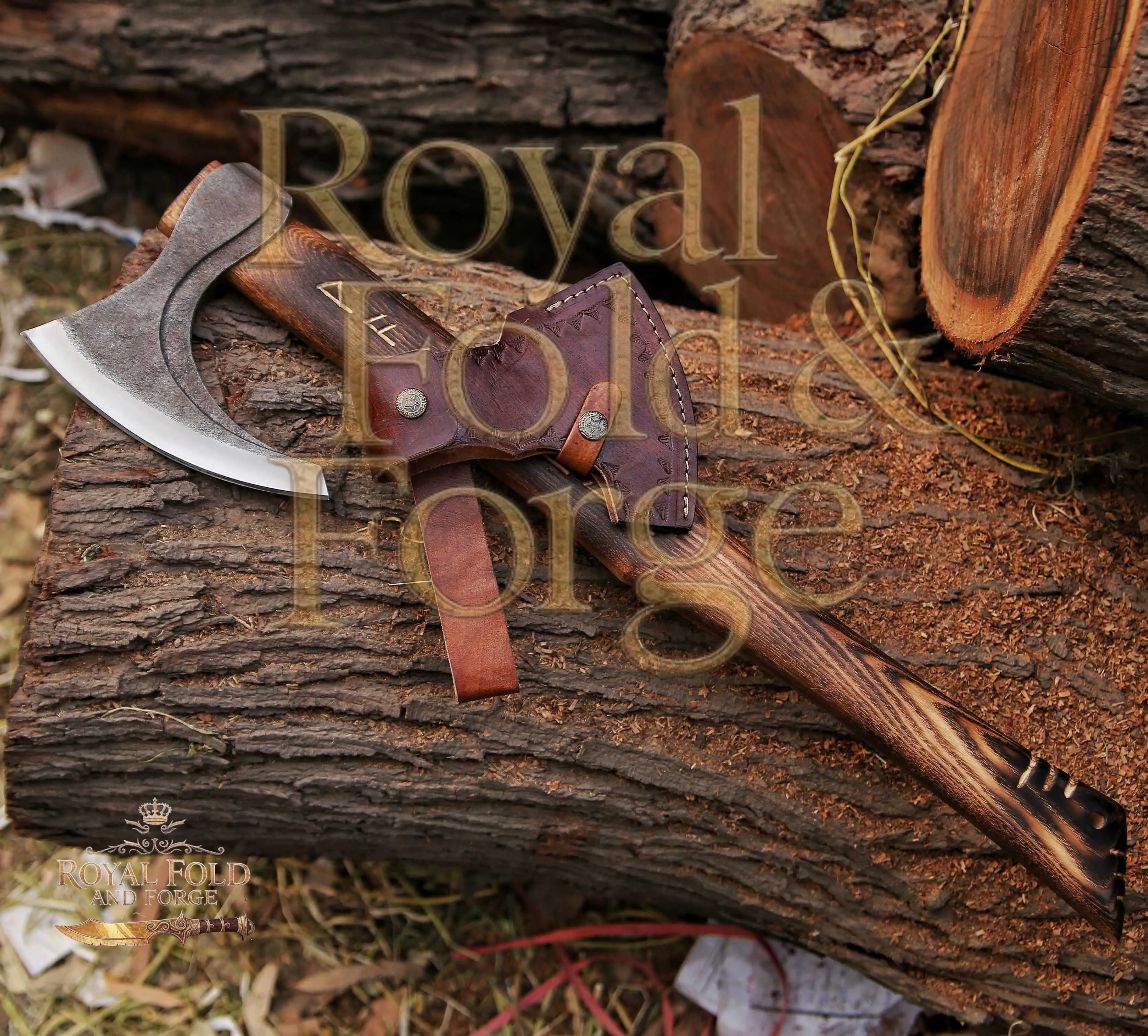 Rustic Hand-Forged Norse Style Outdoor Tool with Carved Ash Wood Handle – Royal Fold & Forge