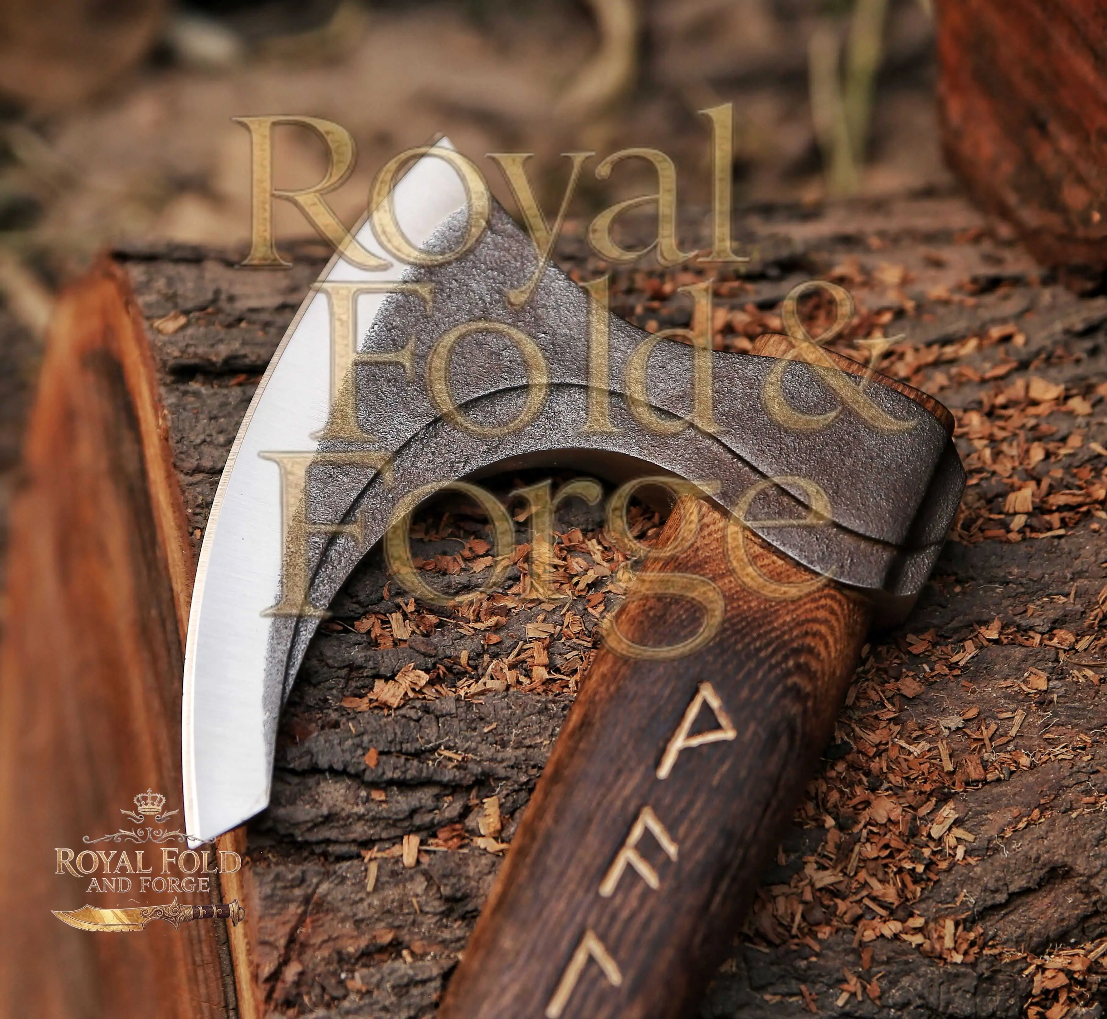 Detailed view 1 of Hand-forged Damascus steel Rustic Hand-Forged Norse Style Outdoor Tool with Carved Ash Wood Handle – Royal Fold & Forge