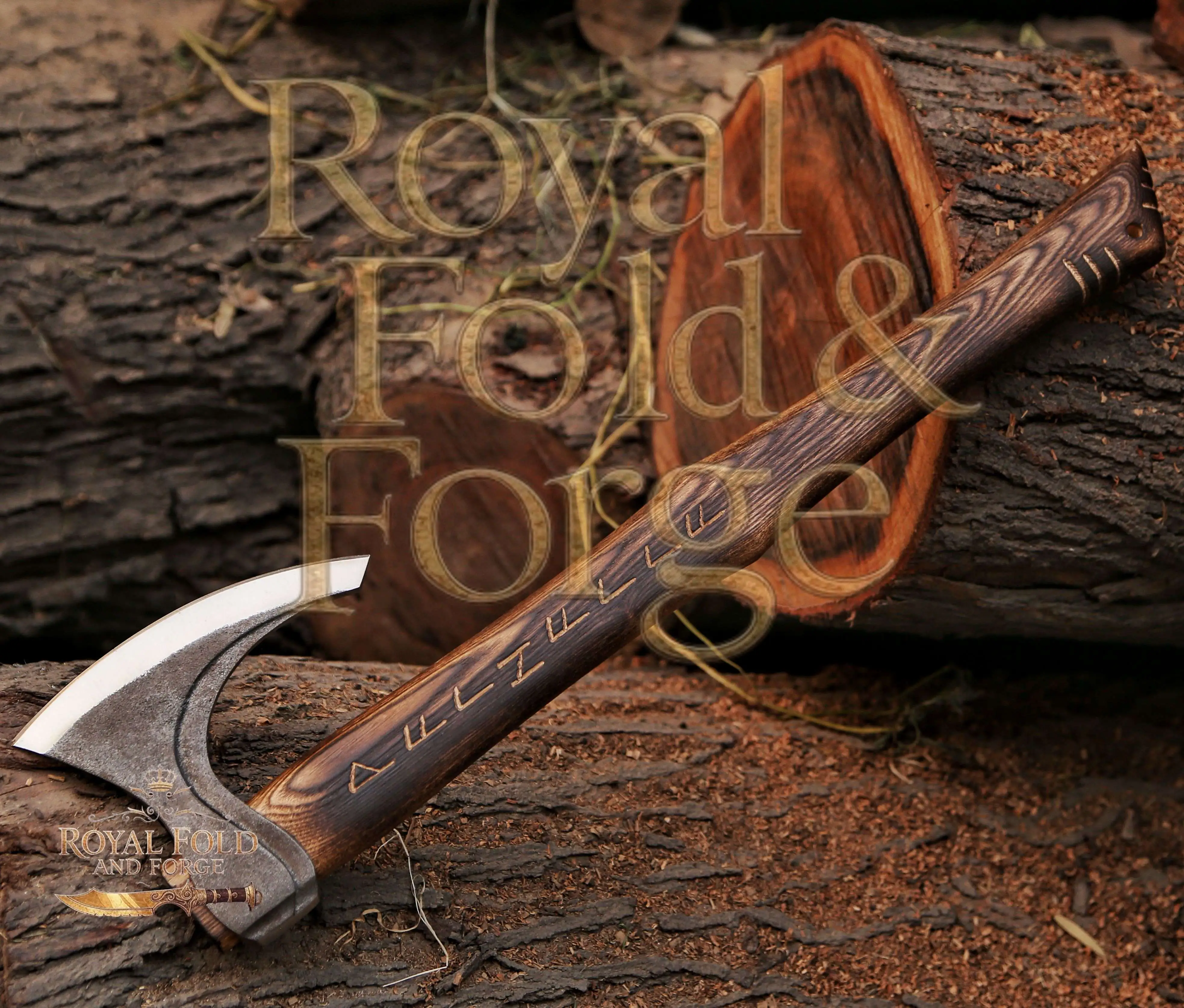 Detailed view 2 of Hand-forged Damascus steel Rustic Hand-Forged Norse Style Outdoor Tool with Carved Ash Wood Handle – Royal Fold & Forge