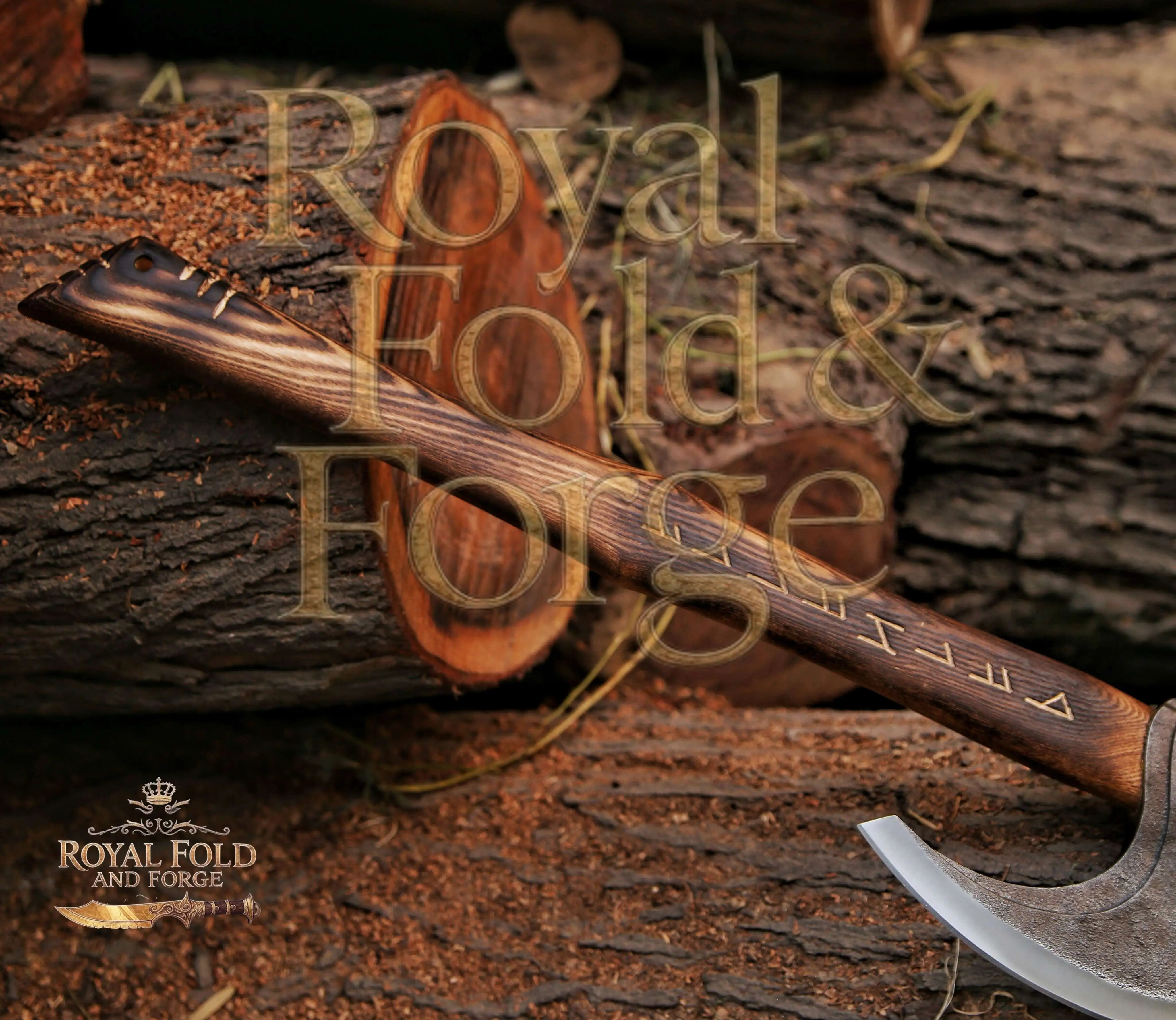 Detailed view 3 of Hand-forged Damascus steel Rustic Hand-Forged Norse Style Outdoor Tool with Carved Ash Wood Handle – Royal Fold & Forge