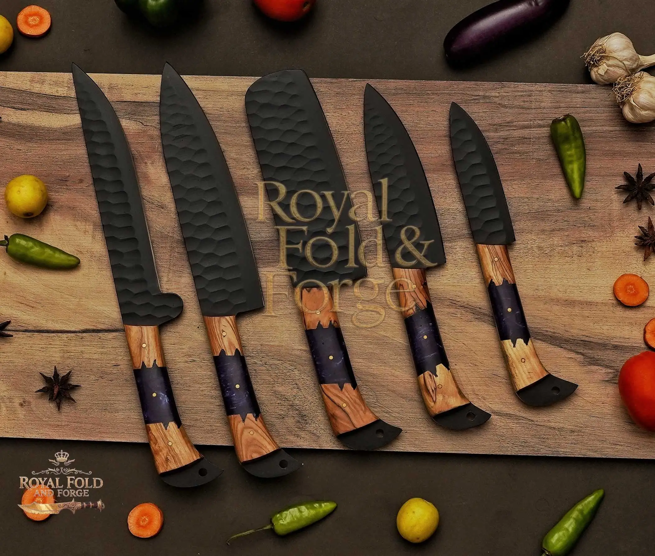 5-Piece Hammered Black Chef Knife Set with Purple & Natural Wood Handles