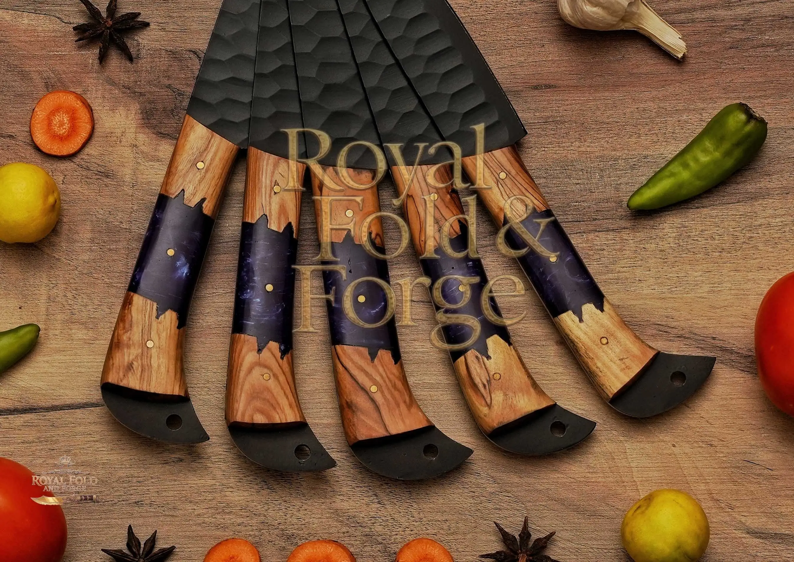 Detailed view 3 of Hand-forged Damascus steel 5-Piece Hammered Black Chef Tool Set with Purple & Natural Wood Handles