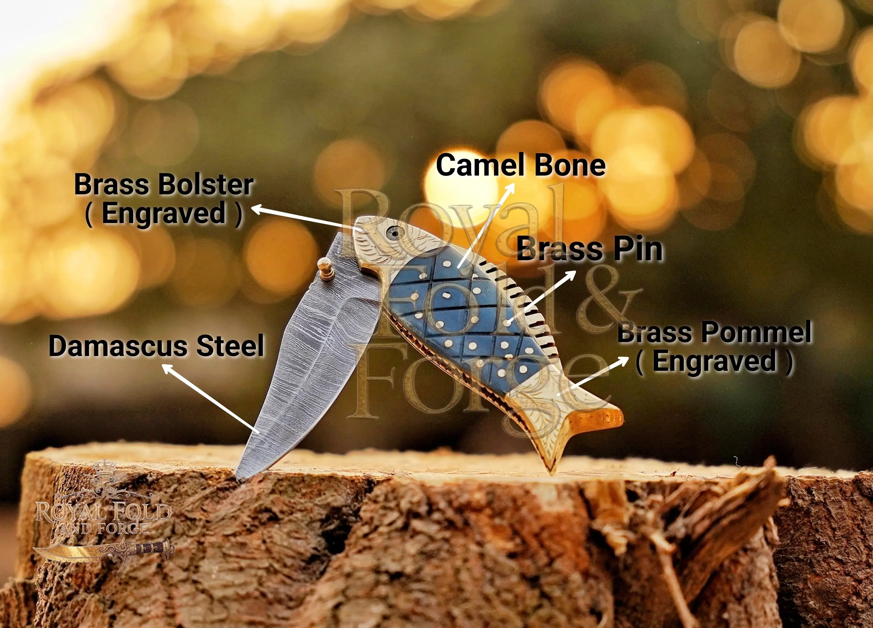 Handcrafted Damascus Steel Folding Knife – Fish-Shaped Pocket Tool