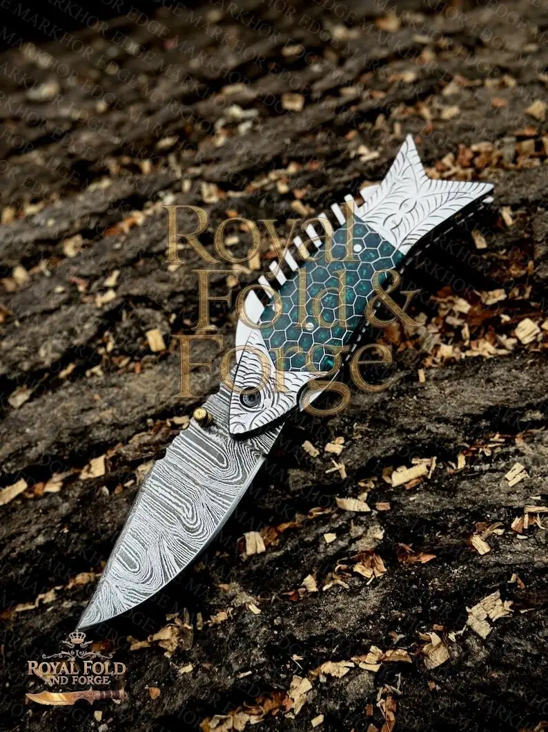 Damascus Fish Design Folding Knife – Unique Handcrafted Blade with Vibrant Colored Handles