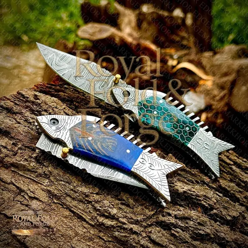 Detailed view 1 of Hand-forged Damascus steel Damascus Fish Design Folding Tool – Unique Handcrafted Steel Edge with Vibrant Colored Handles