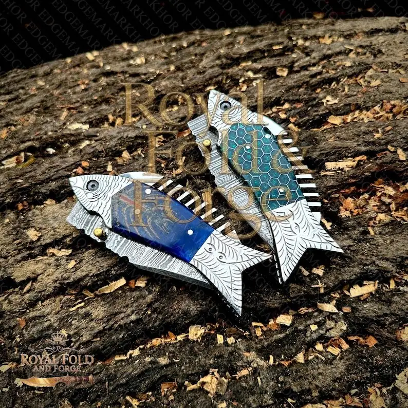 Detailed view 3 of Hand-forged Damascus steel Damascus Fish Design Folding Tool – Unique Handcrafted Steel Edge with Vibrant Colored Handles