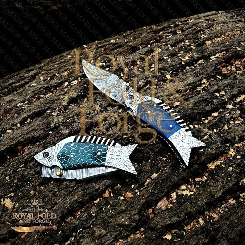 Detailed view 4 of Hand-forged Damascus steel Damascus Fish Design Folding Tool – Unique Handcrafted Steel Edge with Vibrant Colored Handles