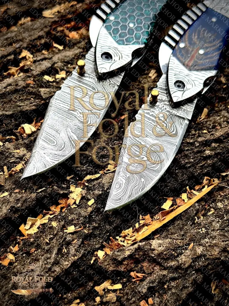 Detailed view 5 of Hand-forged Damascus steel Damascus Fish Design Folding Tool – Unique Handcrafted Steel Edge with Vibrant Colored Handles