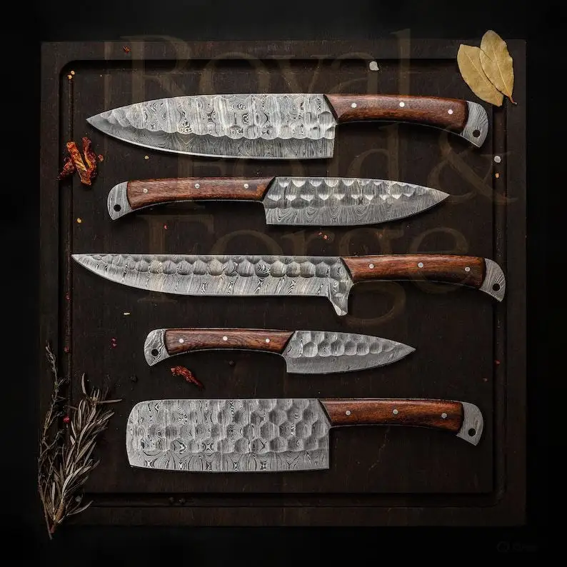 6-Piece Damascus Steel Kitchen Knife Set with Hammered Finish & Wooden Handles – Precision Culinary Collection