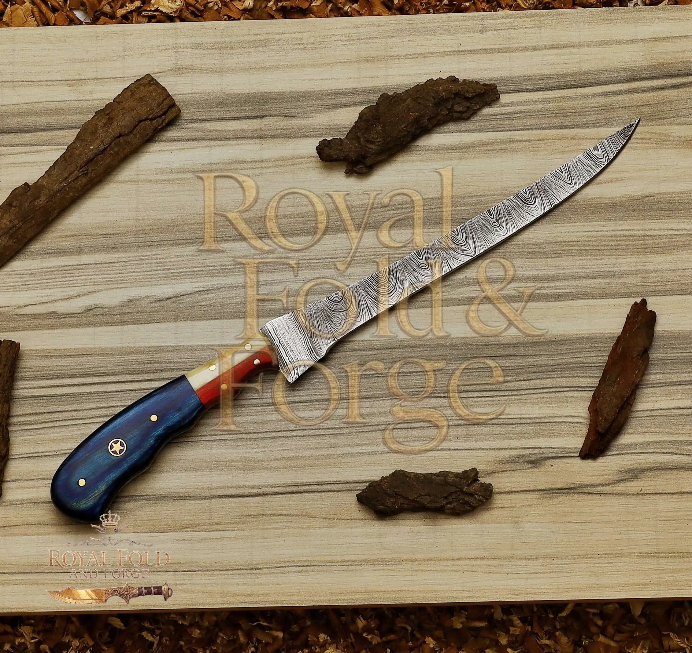 Hand-Forged Damascus Steel Fillet Tool with Multicolor Handle – Royal Fold & Forge