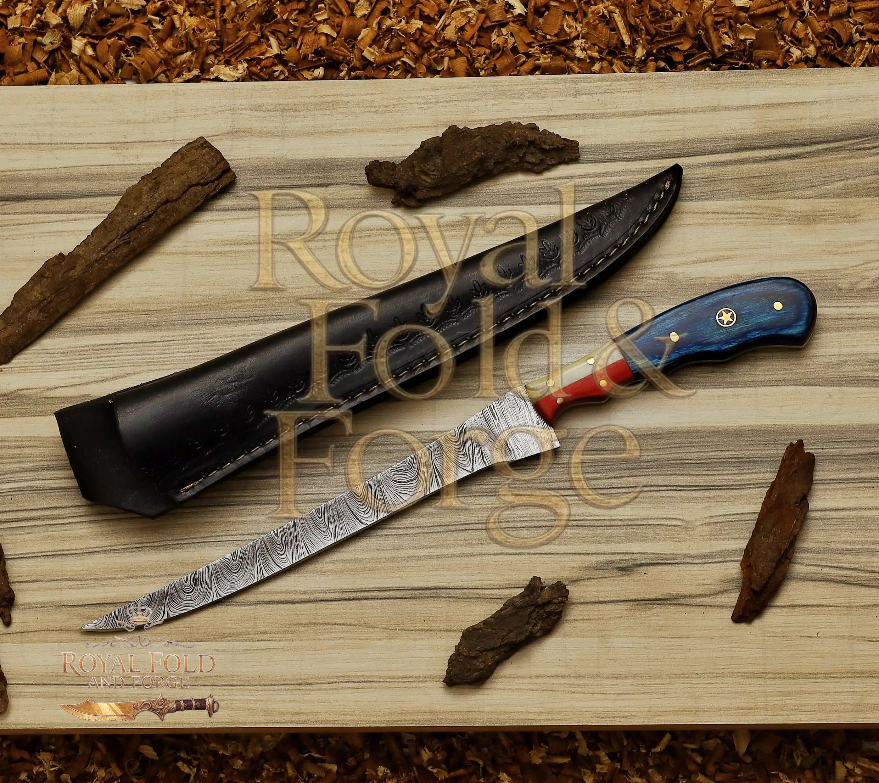 Detailed view 2 of Hand-forged Damascus steel Hand-Forged Damascus Steel Fillet Utensil with Multicolor Handle – Royal Fold & Forge
