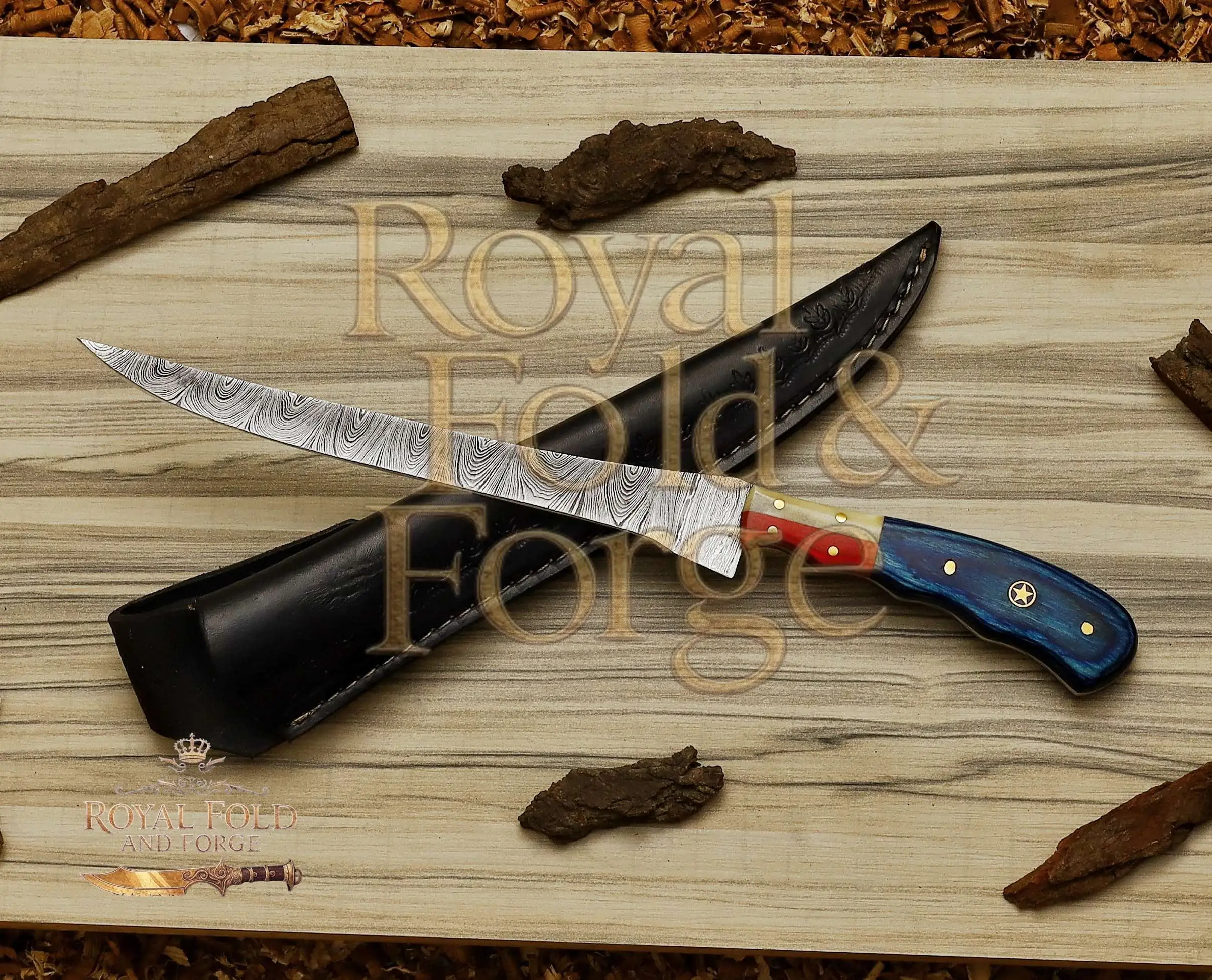Detailed view 3 of Hand-forged Damascus steel Hand-Forged Damascus Steel Fillet Utensil with Multicolor Handle – Royal Fold & Forge