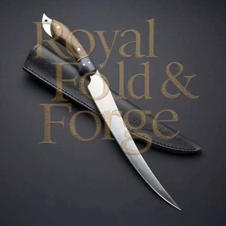 Detailed view 1 of Hand-forged Damascus steel Curved Boning & Fillet Utensil with Wooden Handle and Leather Sheath