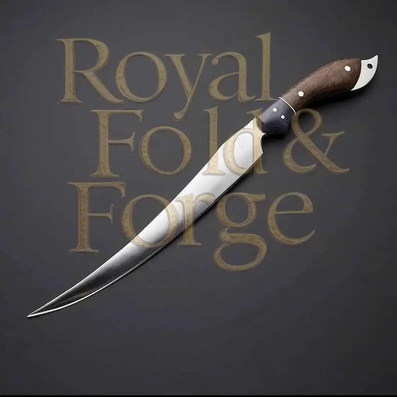Detailed view 3 of Hand-forged Damascus steel Curved Boning & Fillet Utensil with Wooden Handle and Leather Sheath