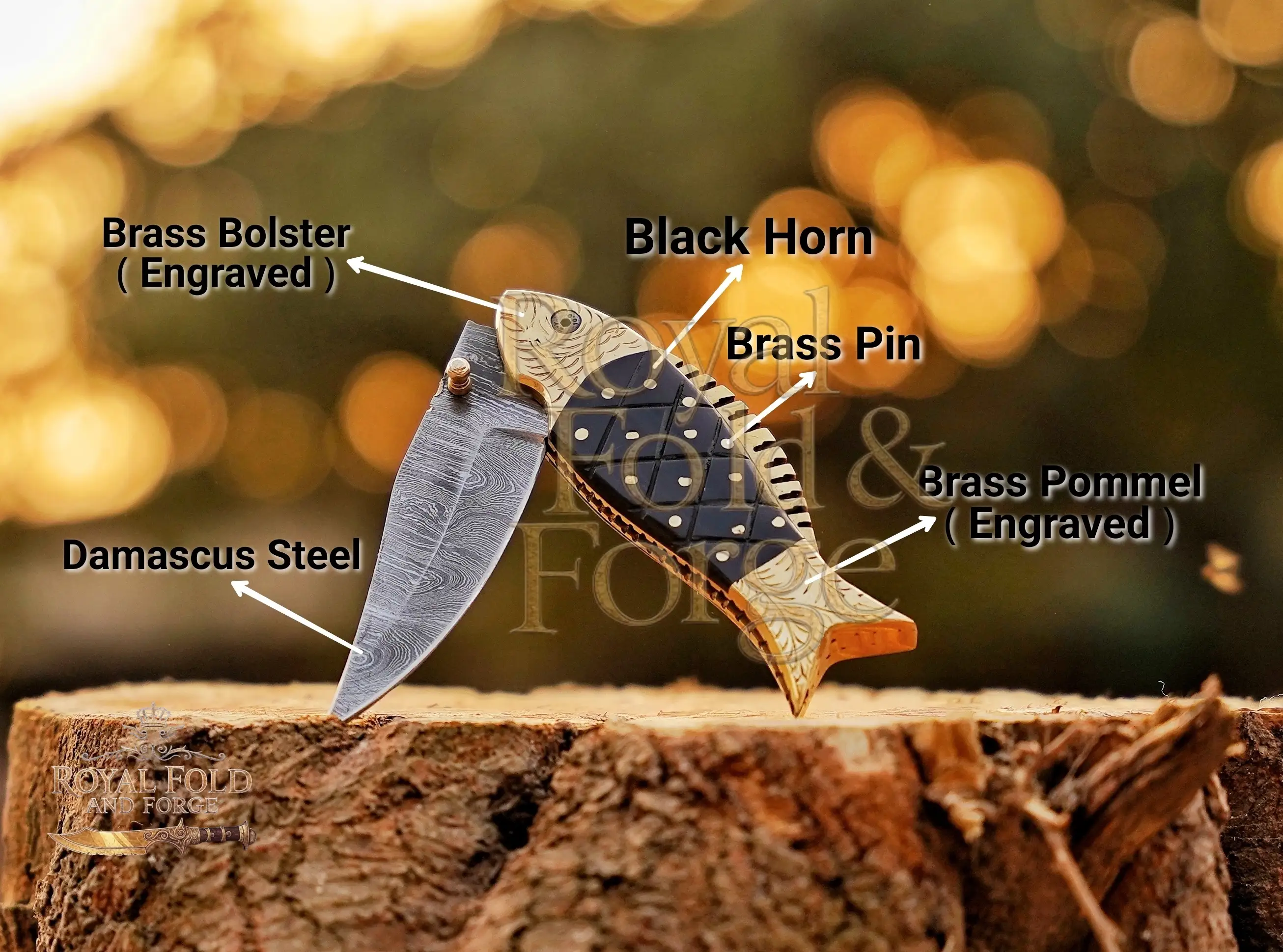 Damascus Steel Folding Knife – Fish Design with Black Horn Handle