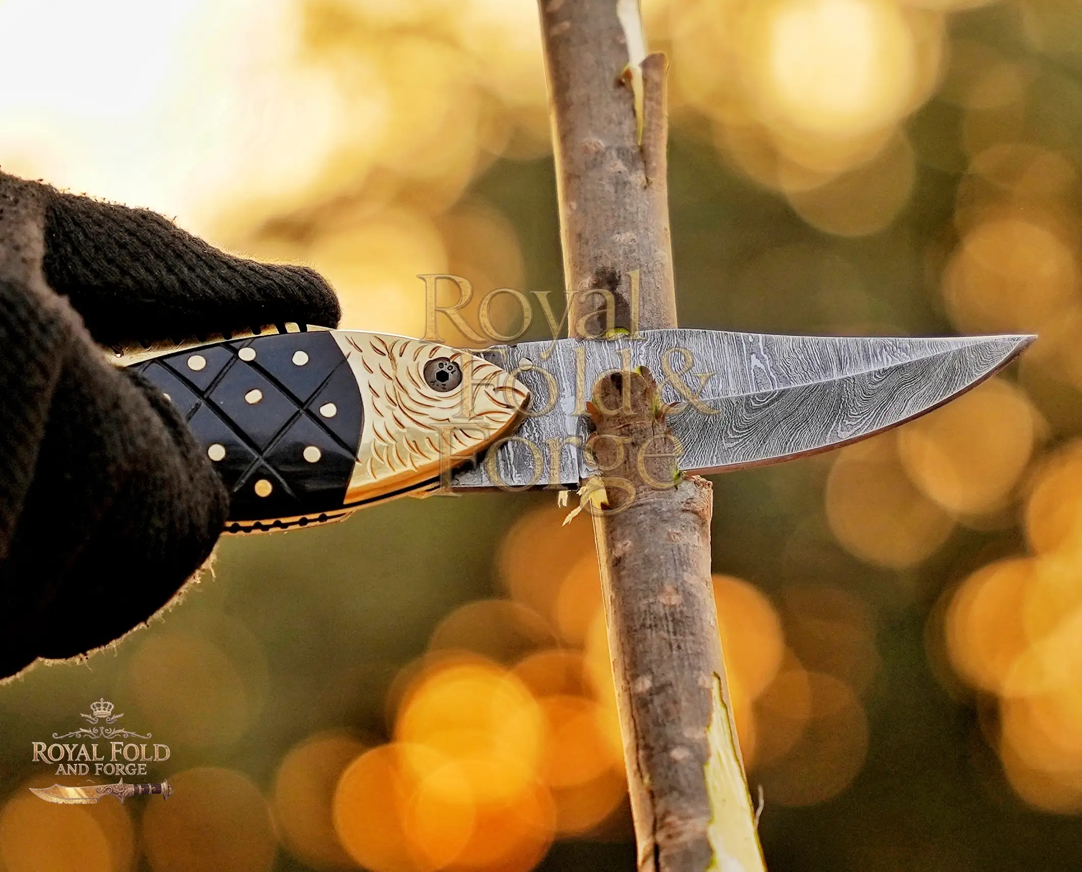 Detailed view 2 of Hand-forged Damascus steel Damascus Steel Folding Tool – Fish Design with Black Horn Handle