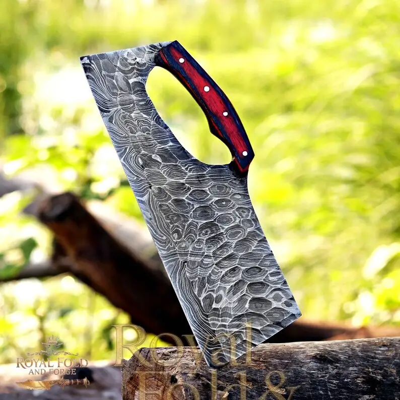 Hand-Forged Damascus Steel Cleaver Knife with Full Grip Hole & Red Wood Handle | Artisan Chopper by Royal Fold and Forge