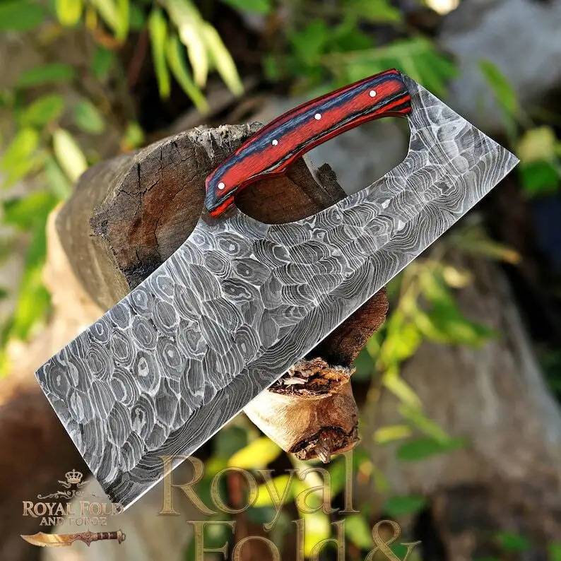Detailed view 2 of Hand-forged Damascus steel Hand-Forged Damascus Steel Kitchen Cleaver with Full Grip Hole & Red Wood Handle | Artisan Chopper by Royal Fold and Forge