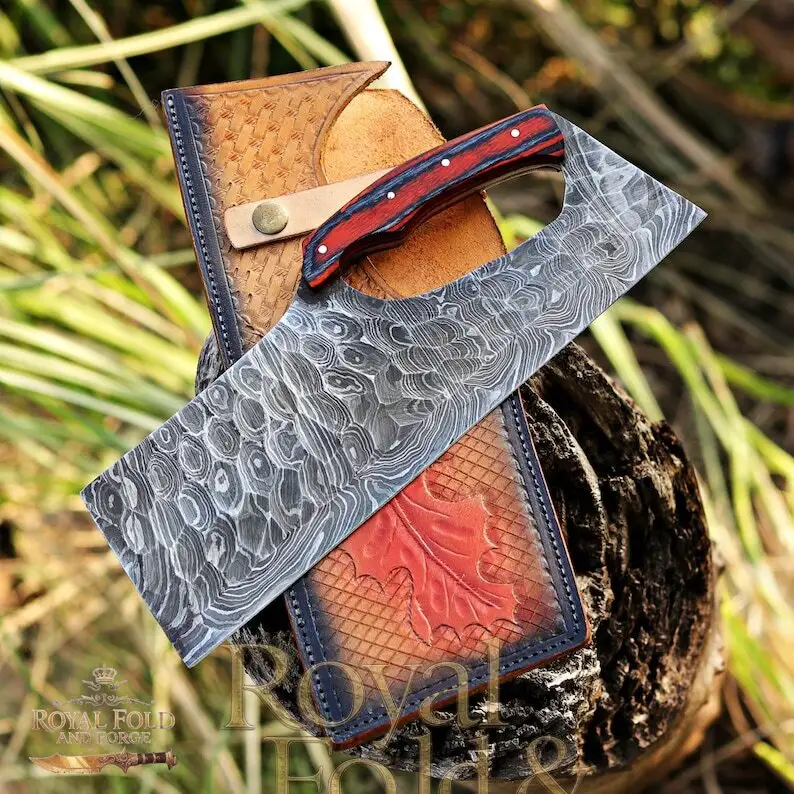 Detailed view 3 of Hand-forged Damascus steel Hand-Forged Damascus Steel Kitchen Cleaver with Full Grip Hole & Red Wood Handle | Artisan Chopper by Royal Fold and Forge