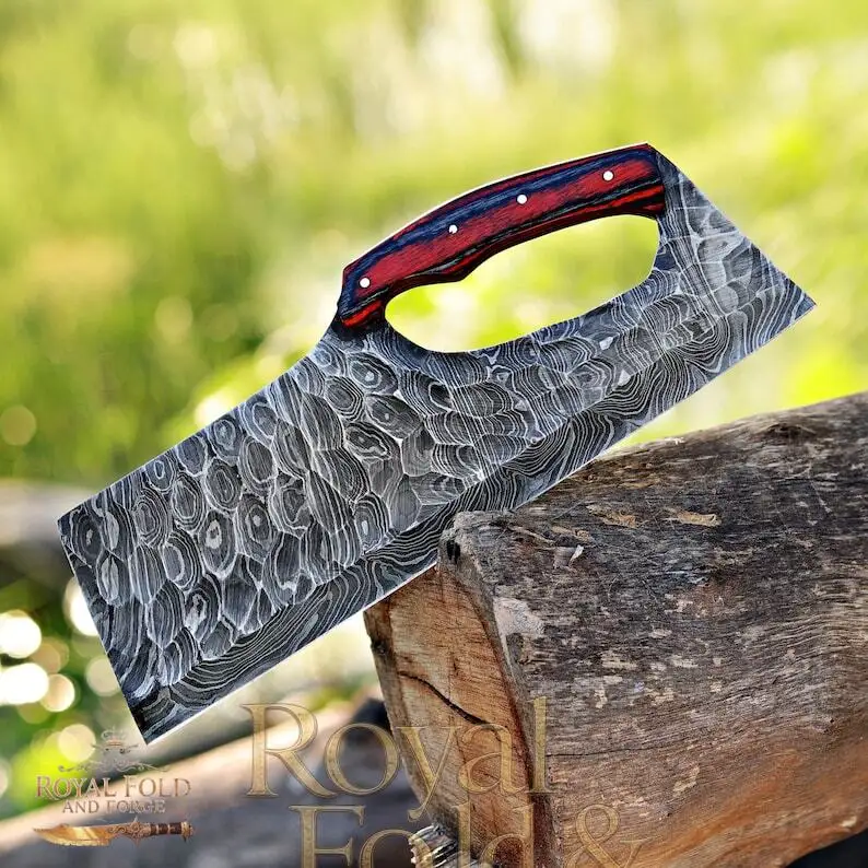 Detailed view 4 of Hand-forged Damascus steel Hand-Forged Damascus Steel Kitchen Cleaver with Full Grip Hole & Red Wood Handle | Artisan Chopper by Royal Fold and Forge