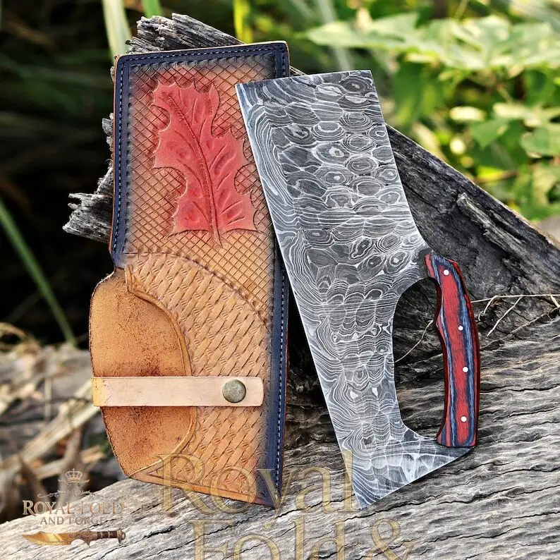 Detailed view 5 of Hand-forged Damascus steel Hand-Forged Damascus Steel Kitchen Cleaver with Full Grip Hole & Red Wood Handle | Artisan Chopper by Royal Fold and Forge