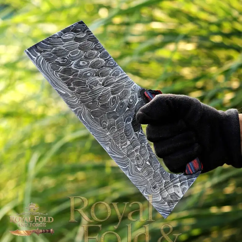 Detailed view 6 of Hand-forged Damascus steel Hand-Forged Damascus Steel Kitchen Cleaver with Full Grip Hole & Red Wood Handle | Artisan Chopper by Royal Fold and Forge