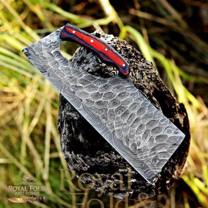 Detailed view 8 of Hand-forged Damascus steel Hand-Forged Damascus Steel Kitchen Cleaver with Full Grip Hole & Red Wood Handle | Artisan Chopper by Royal Fold and Forge
