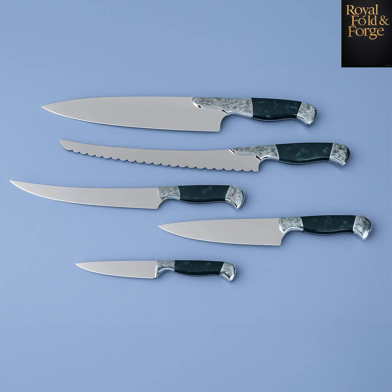 Detailed view 1 of Hand-forged Damascus steel Professional Damascus Steel Kitchen Utensil Set – 5 Pieces with Elegant Resin Handles