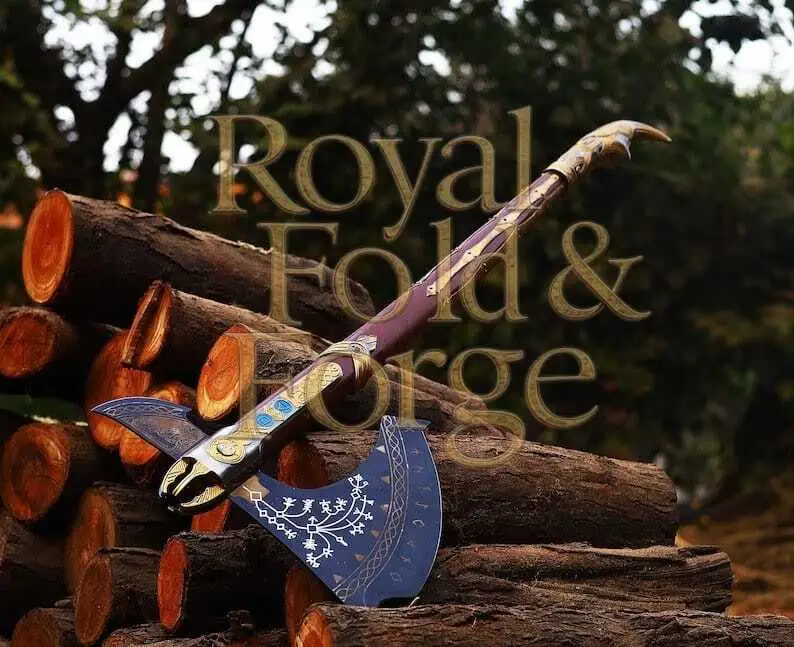 Handcrafted Decorative Fantasy Wood Cutting Tool – Engraved Steel Edge with Gold Accents and Display-Quality Detail - Luxury Damascus Cutlery by Royal Fold & Forge