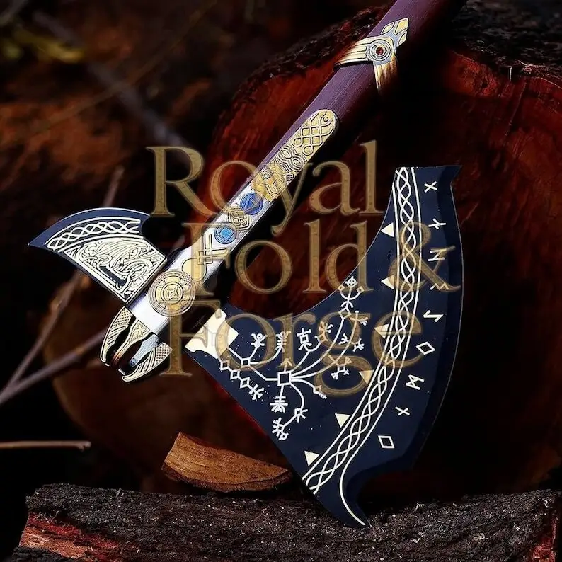 Detailed view 1 of Hand-forged Damascus steel Handcrafted Decorative Fantasy Wood Cutting Tool – Engraved Steel Edge with Gold Accents and Display-Quality Detail