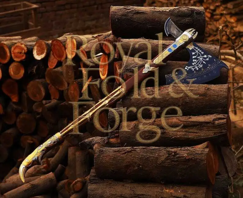 Detailed view 2 of Hand-forged Damascus steel Handcrafted Decorative Fantasy Wood Cutting Tool – Engraved Steel Edge with Gold Accents and Display-Quality Detail