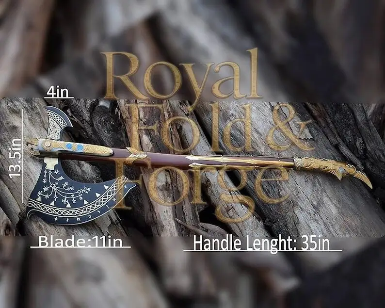 Detailed view 4 of Hand-forged Damascus steel Handcrafted Decorative Fantasy Wood Cutting Tool – Engraved Steel Edge with Gold Accents and Display-Quality Detail