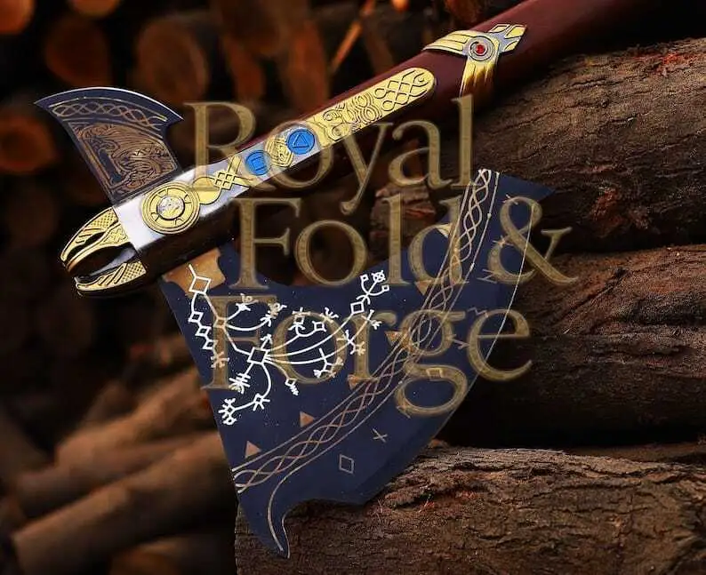 Detailed view 5 of Hand-forged Damascus steel Handcrafted Decorative Fantasy Wood Cutting Tool – Engraved Steel Edge with Gold Accents and Display-Quality Detail