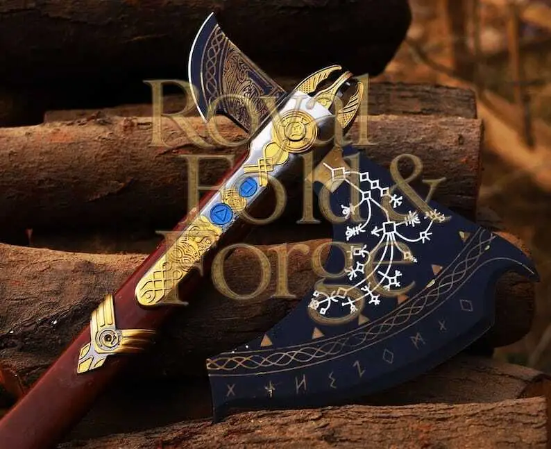 Detailed view 7 of Hand-forged Damascus steel Handcrafted Decorative Fantasy Wood Cutting Tool – Engraved Steel Edge with Gold Accents and Display-Quality Detail