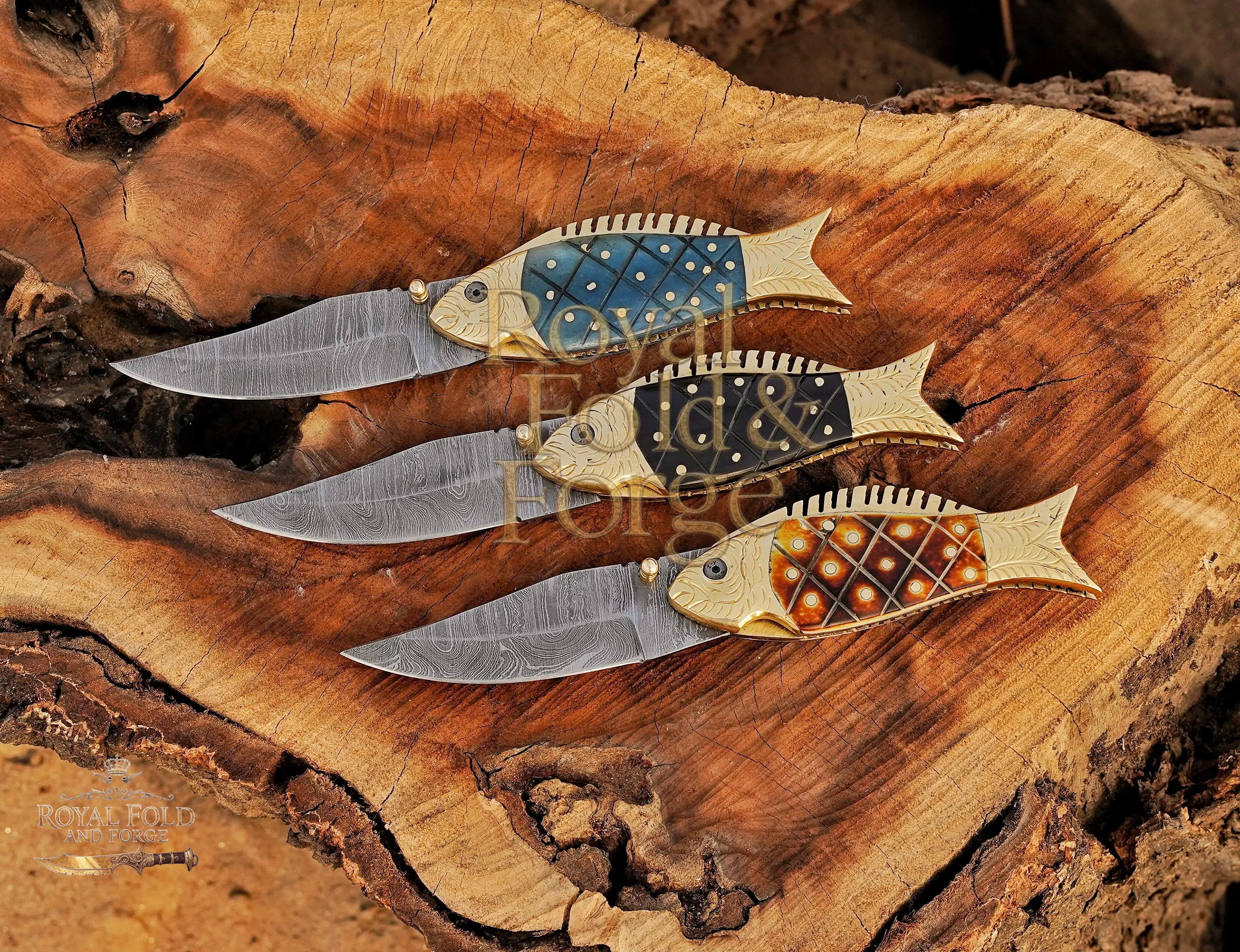 Handcrafted Fish-Shaped Damascus Folding Knife – 3 Handle Variants