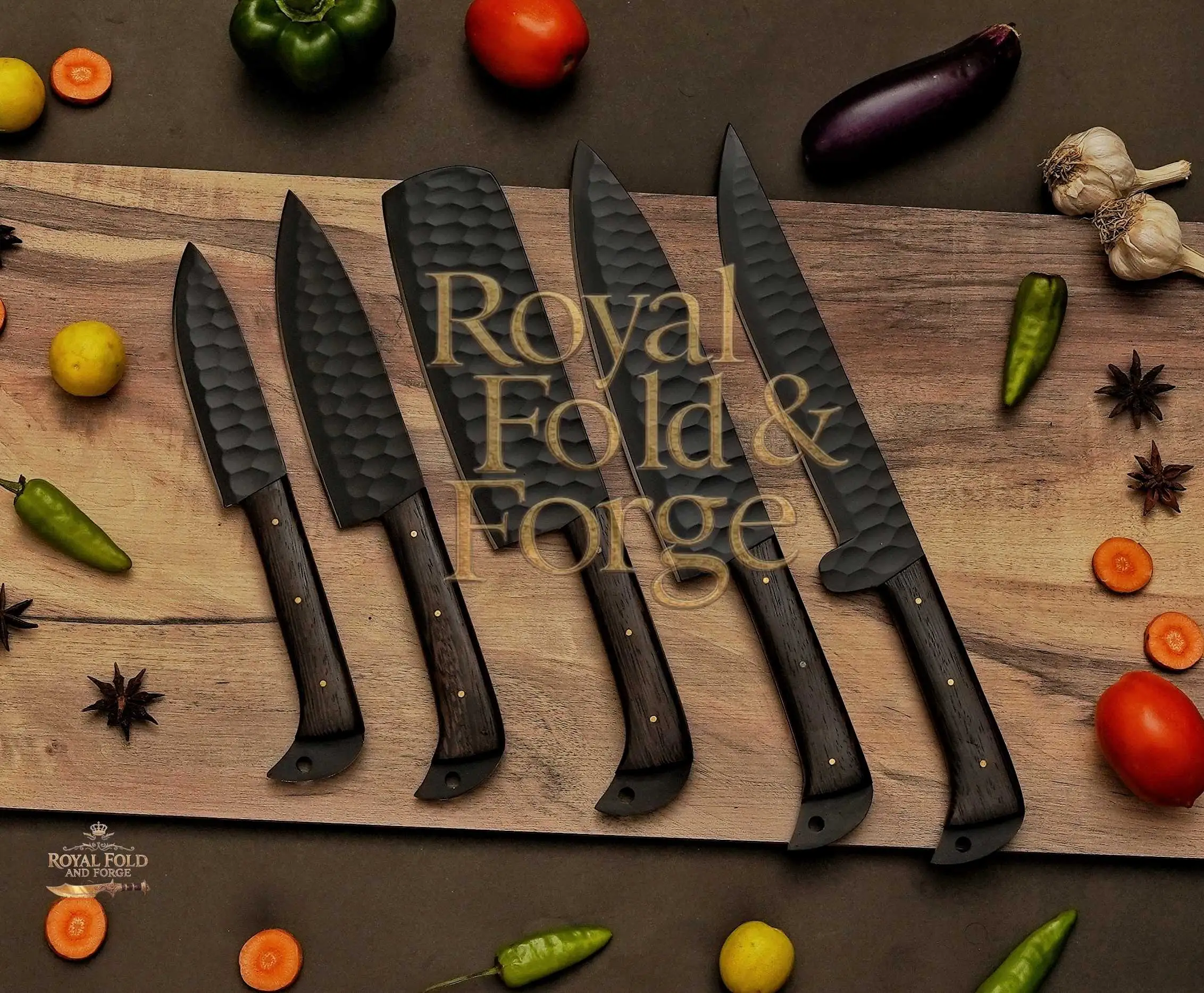 5-Piece Hammered Black Chef Knife Set with Dark Wood Handles